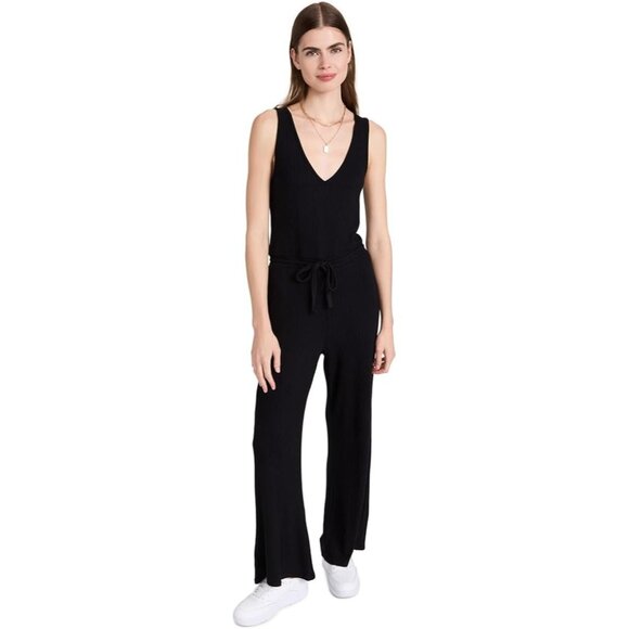 Beyond Yoga Pants - Beyond Yoga Black Ribbed Knit Sleeveless Jumpsuit With V-Neck & Drawstring Waist